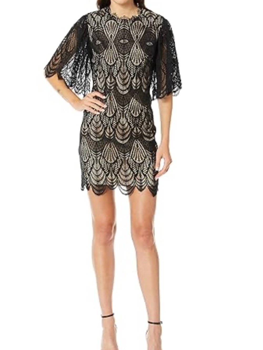 Dress the Population Toni Lace Flutter Sleeves Black Dress, Size Small